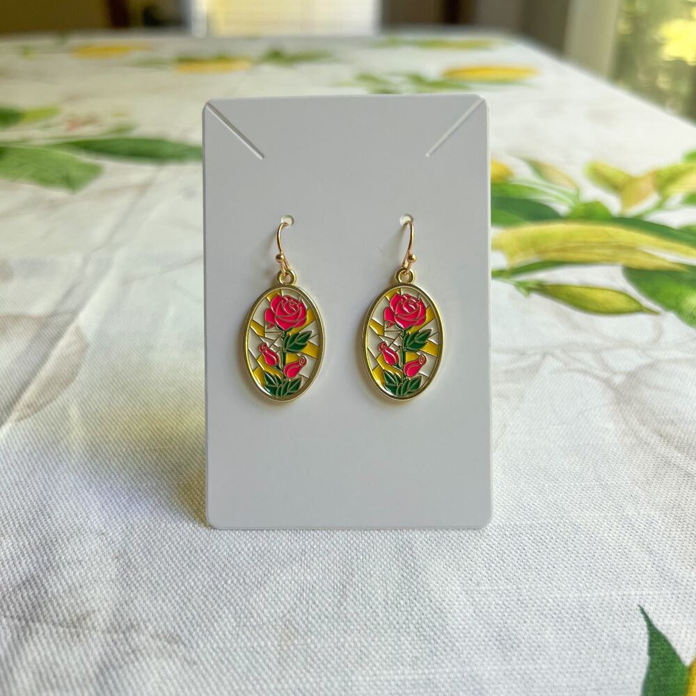 Novelty Rose Stained Glass Window Earrings Floral Summer Casual Fun Earrings
